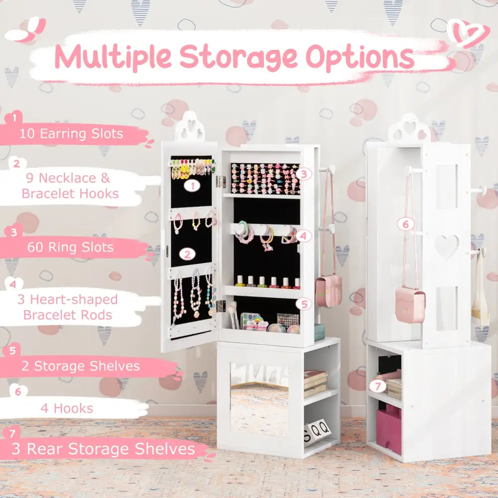 Princess Vanity Table and Stool Set Freestanding Jewelry Cabinet Armoire with Full-Length Mirror-White - White - Kids
