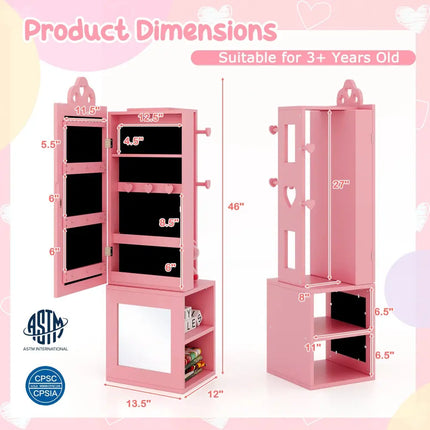 Princess Vanity Table and Stool Set Freestanding Jewelry Cabinet Armoire with Full-Length Mirror-Pink - Pink - Kids