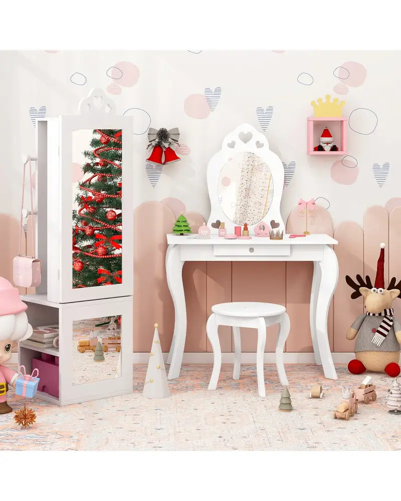 Princess Vanity Table and Stool Set Freestanding Jewelry Cabinet Armoire with Full-Length Mirror-White - White - Kids