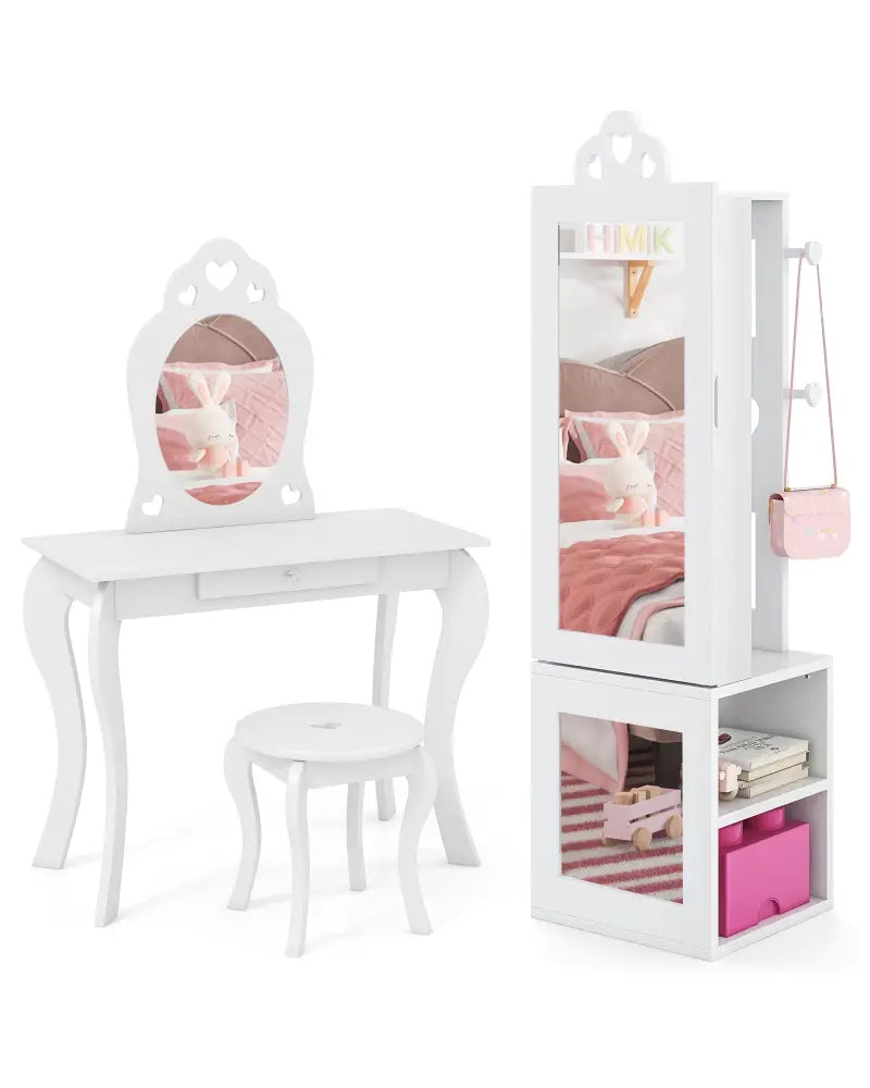 Princess Vanity Table and Stool Set Freestanding Jewelry Cabinet Armoire with Full-Length Mirror-White - White - Kids