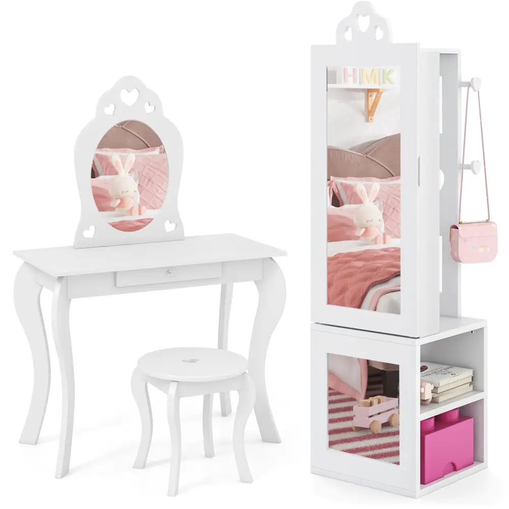 Princess Vanity Table and Stool Set Freestanding Jewelry Cabinet Armoire with Full-Length Mirror-White - White - Kids