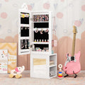 Princess Vanity Table and Stool Set Freestanding Jewelry Cabinet Armoire with Full-Length Mirror-White - White - Kids