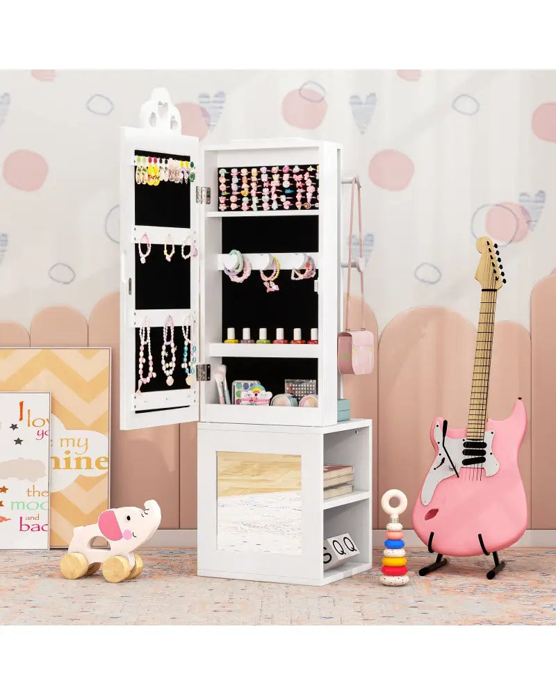 Princess Vanity Table and Stool Set Freestanding Jewelry Cabinet Armoire with Full-Length Mirror-White - White - Kids