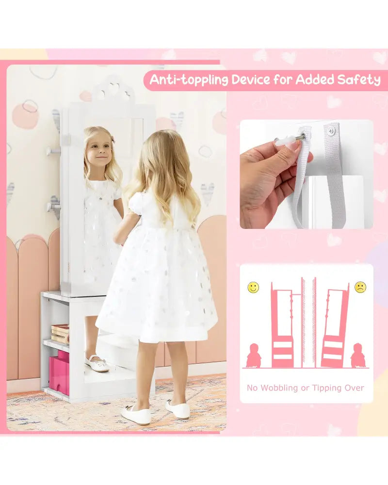 Princess Vanity Table and Stool Set Freestanding Jewelry Cabinet Armoire with Full-Length Mirror-White - White - Kids