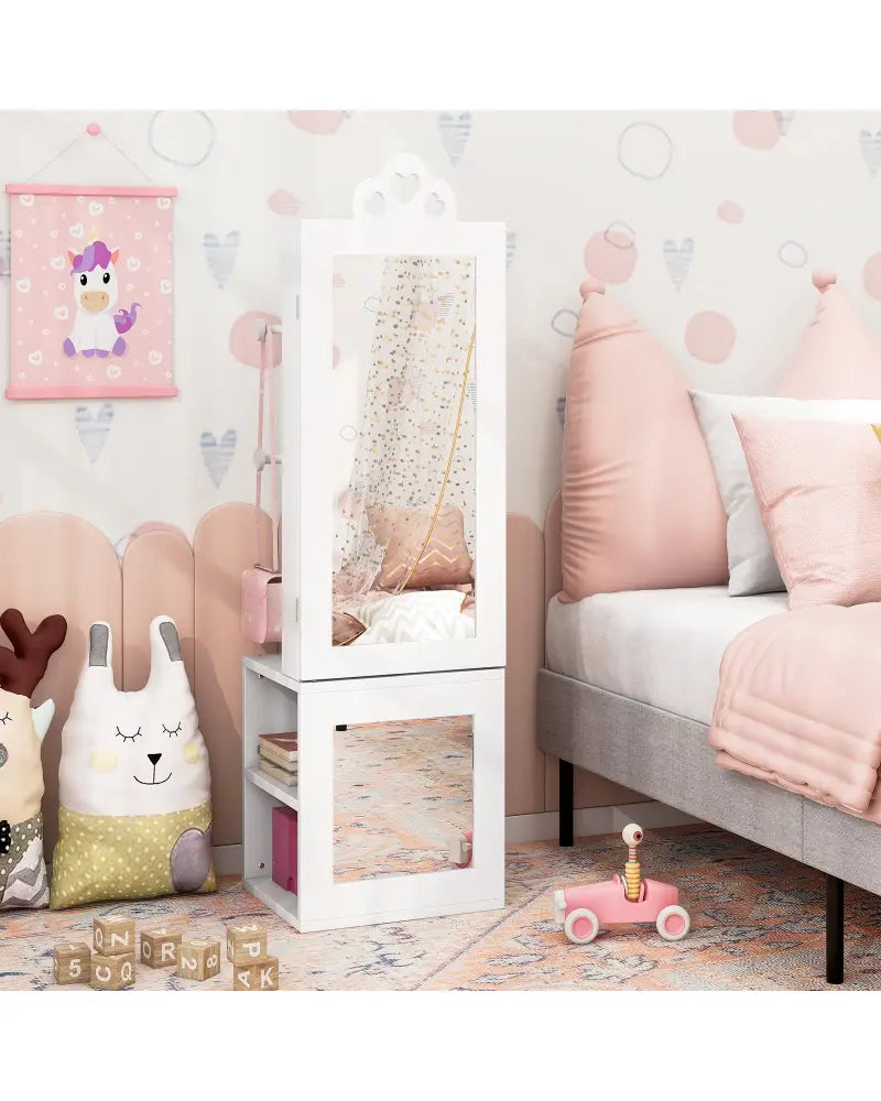 Princess Vanity Table and Stool Set Freestanding Jewelry Cabinet Armoire with Full-Length Mirror-White - White - Kids