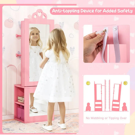 Princess Vanity Table and Stool Set Freestanding Jewelry Cabinet Armoire with Full-Length Mirror-Pink - Pink - Kids
