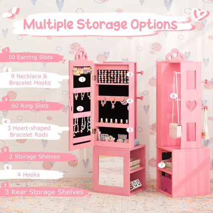 Princess Vanity Table and Stool Set Freestanding Jewelry Cabinet Armoire with Full-Length Mirror-Pink - Pink - Kids