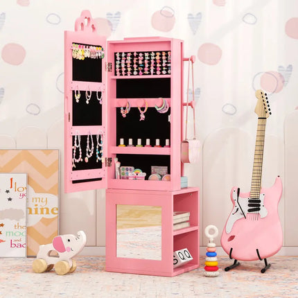 Princess Vanity Table and Stool Set Freestanding Jewelry Cabinet Armoire with Full-Length Mirror-Pink - Pink - Kids