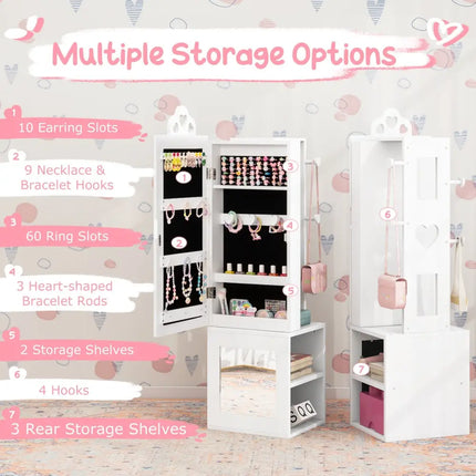 Princess Vanity Table and Stool Set Freestanding Jewelry Cabinet Armoire with Full-Length Mirror-White - White - Kids