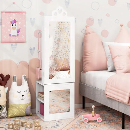 Princess Vanity Table and Stool Set Freestanding Jewelry Cabinet Armoire with Full-Length Mirror-White - White - Kids