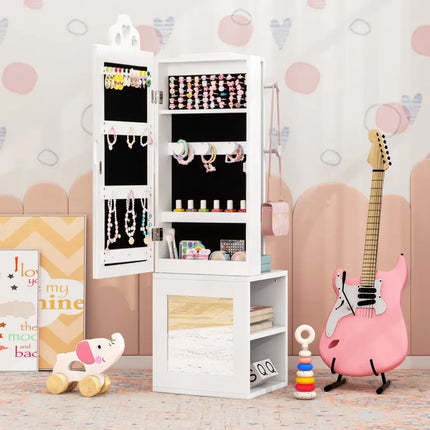 Princess Vanity Table and Stool Set Freestanding Jewelry Cabinet Armoire with Full-Length Mirror-White - White - Kids