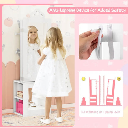 Princess Vanity Table and Stool Set Freestanding Jewelry Cabinet Armoire with Full-Length Mirror-White - White - Kids