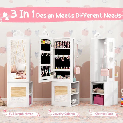 Princess Vanity Table and Stool Set Freestanding Jewelry Cabinet Armoire with Full-Length Mirror-White - White - Kids