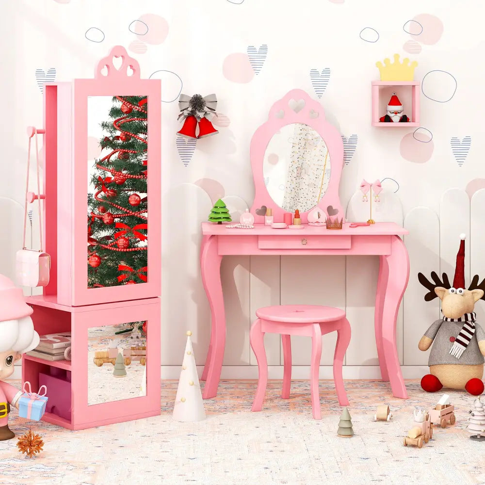 Princess Vanity Table and Stool Set Freestanding Jewelry Cabinet Armoire with Full-Length Mirror-Pink - Pink - Kids