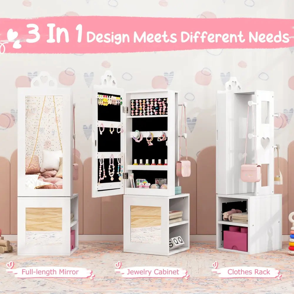Princess Vanity Table and Stool Set Freestanding Jewelry Cabinet Armoire with Full-Length Mirror-White - White - Kids