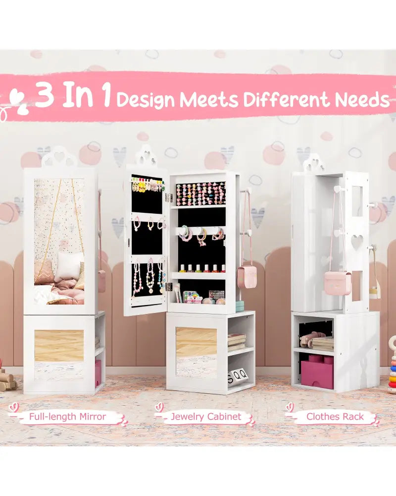 Princess Vanity Table and Stool Set Freestanding Jewelry Cabinet Armoire with Full-Length Mirror-White - White - Kids