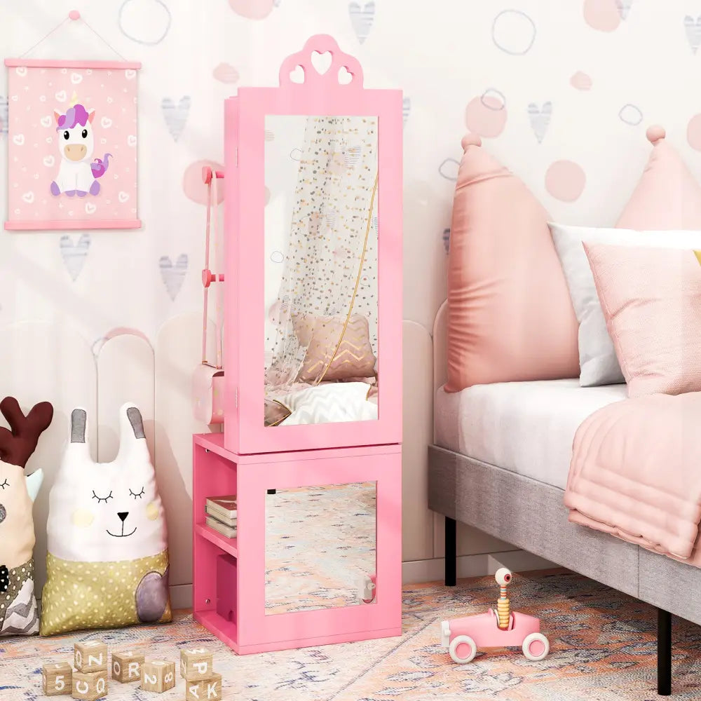 Princess Vanity Table and Stool Set Freestanding Jewelry Cabinet Armoire with Full-Length Mirror-Pink - Pink - Kids