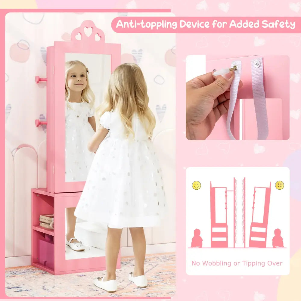 Princess Vanity Table and Stool Set Freestanding Jewelry Cabinet Armoire with Full-Length Mirror-Pink - Pink - Kids