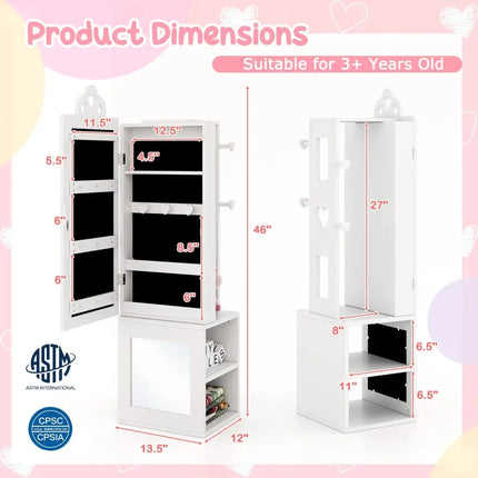 Princess Vanity Table and Stool Set Freestanding Jewelry Cabinet Armoire with Full-Length Mirror-White - White - Kids