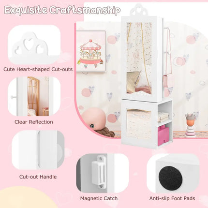 Princess Vanity Table and Stool Set Freestanding Jewelry Cabinet Armoire with Full-Length Mirror-White - White - Kids