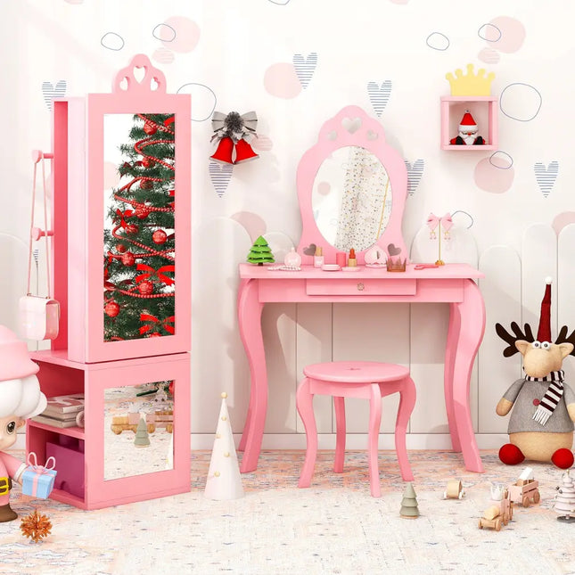 Princess Vanity Table and Stool Set Freestanding Jewelry Cabinet Armoire with Full-Length Mirror-Pink - Pink - Kids