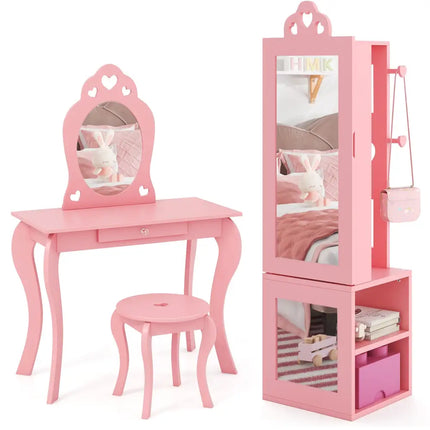 Princess Vanity Table and Stool Set Freestanding Jewelry Cabinet Armoire with Full-Length Mirror-Pink - Pink - Kids
