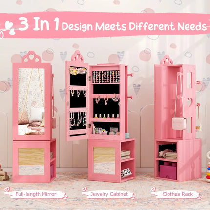 Princess Vanity Table and Stool Set Freestanding Jewelry Cabinet Armoire with Full-Length Mirror-Pink - Pink - Kids