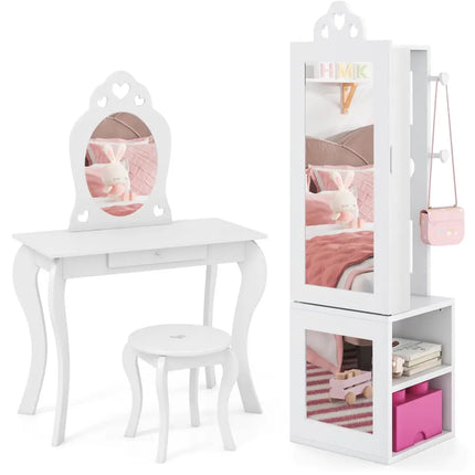 Princess Vanity Table and Stool Set Freestanding Jewelry Cabinet Armoire with Full-Length Mirror-White - White - Kids