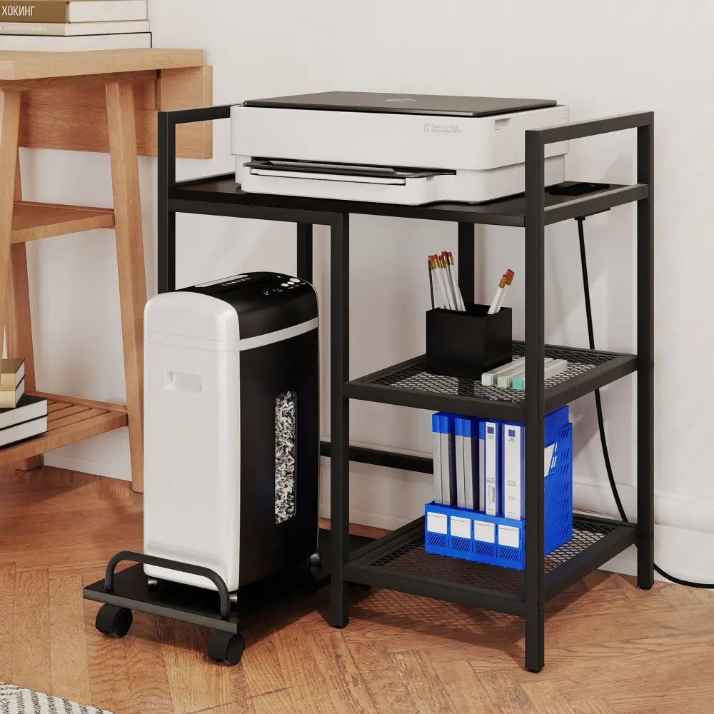 Printer Stand with Charging Station and Storage Shelves-Black - Black - Laptop Tables & Printer Stands
