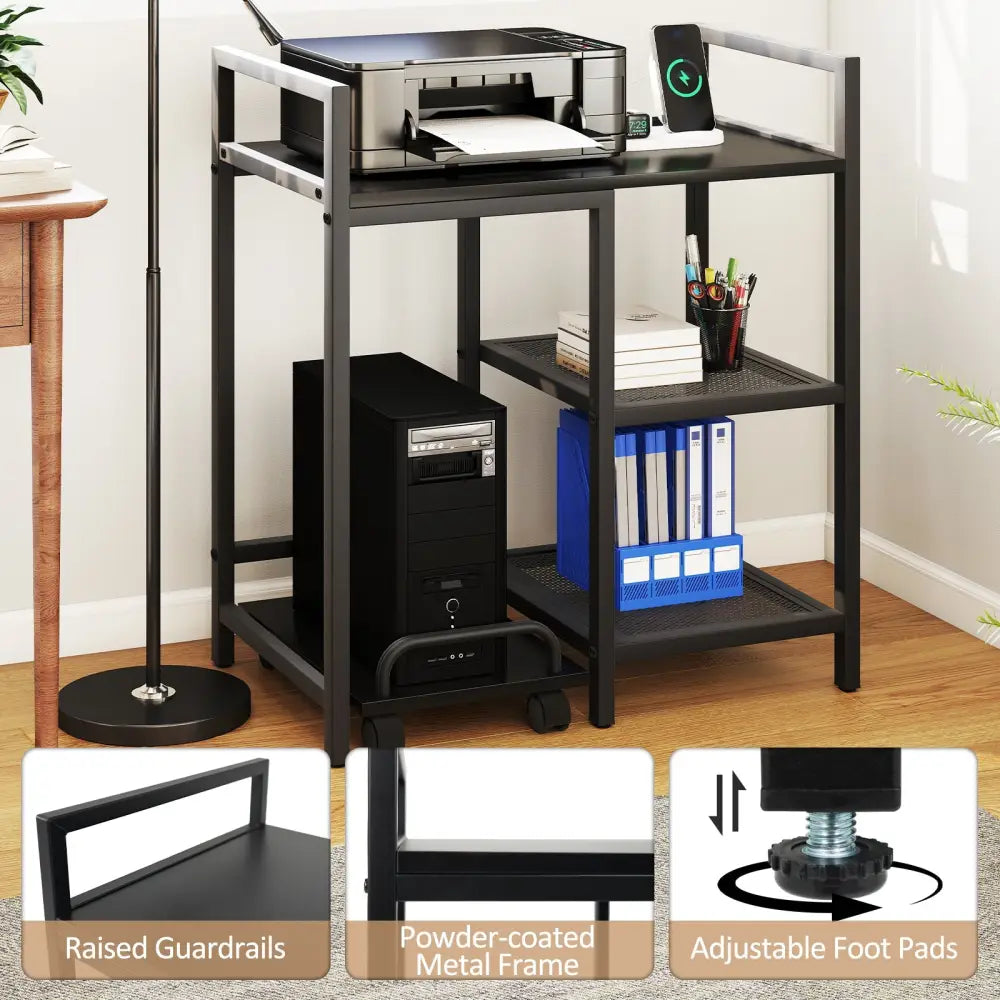 Printer Stand with Charging Station and Storage Shelves-Black - Black - Laptop Tables & Printer Stands