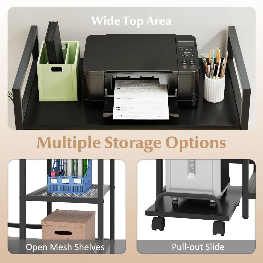 Printer Stand with Charging Station and Storage Shelves-Black - Black - Laptop Tables & Printer Stands