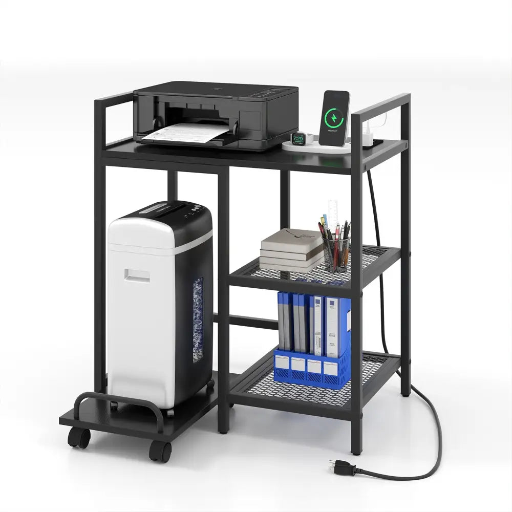 Printer Stand with Charging Station and Storage Shelves-Black - Black - Laptop Tables & Printer Stands