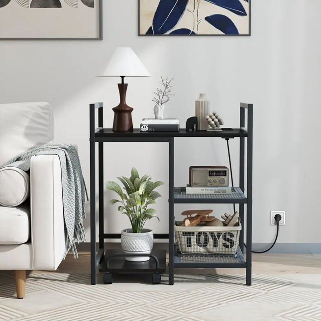 Printer Stand with Charging Station and Storage Shelves-Black - Black - Laptop Tables & Printer Stands