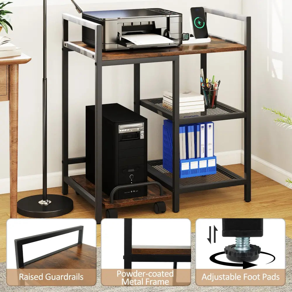 Printer Stand with Charging Station and Storage Shelves-Rustic Brown - Rustic Brown - Laptop Tables & Printer Stands