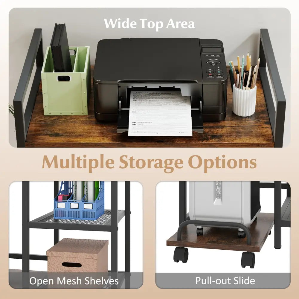 Printer Stand with Charging Station and Storage Shelves-Rustic Brown - Rustic Brown - Laptop Tables & Printer Stands