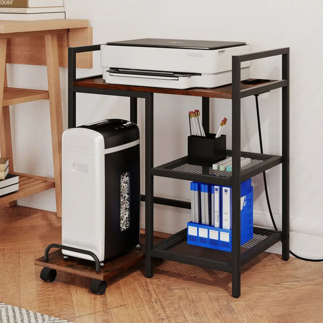 Printer Stand with Charging Station and Storage Shelves-Rustic Brown - Rustic Brown - Laptop Tables & Printer Stands