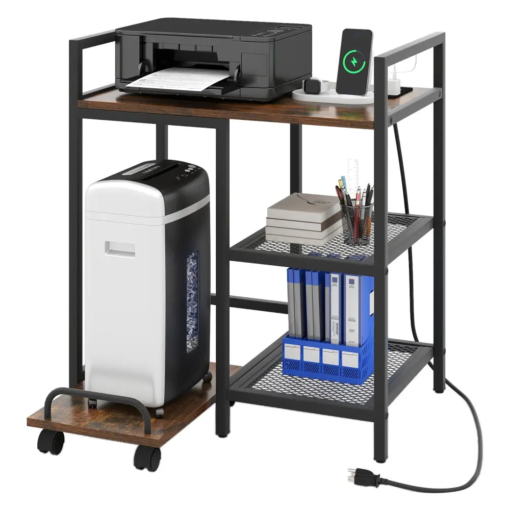 Printer Stand with Charging Station and Storage Shelves-Rustic Brown - Rustic Brown - Laptop Tables & Printer Stands