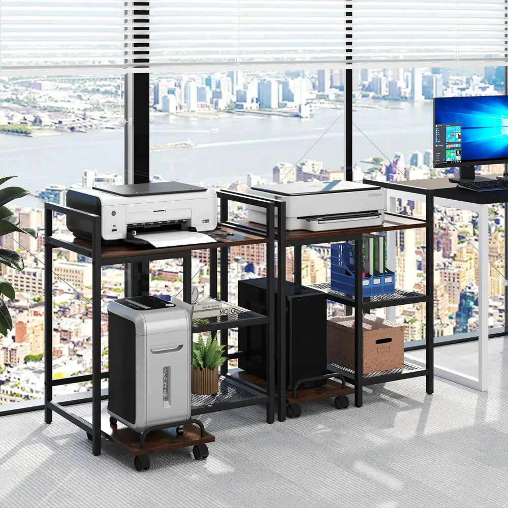 Printer Stand with Charging Station and Storage Shelves-Rustic Brown - Rustic Brown - Laptop Tables & Printer Stands