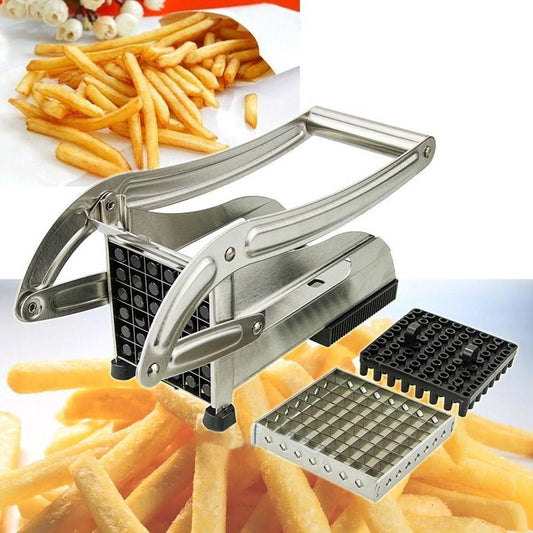 French fry cutter with a close-up of cut fries on a white background
