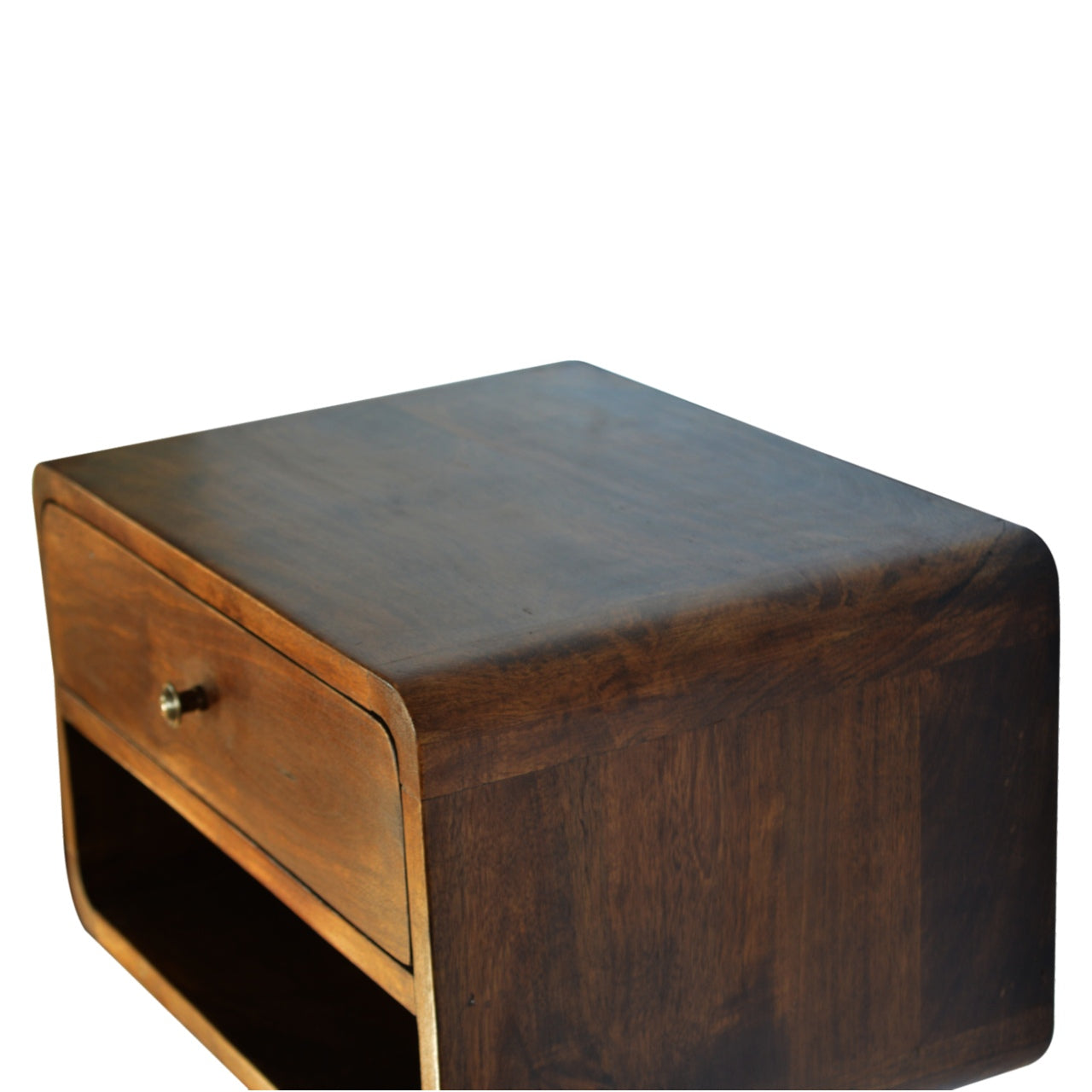 Floating chestnut nightstand with curved edges, wall-mounted modern design. Top view