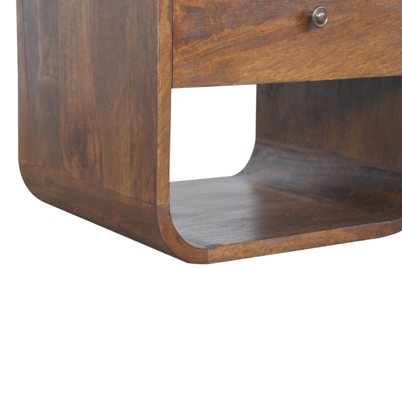 Chestnut Curved Edge Nightstand made from solid mango wood with drawer and two open storage slots. base view of the open slot