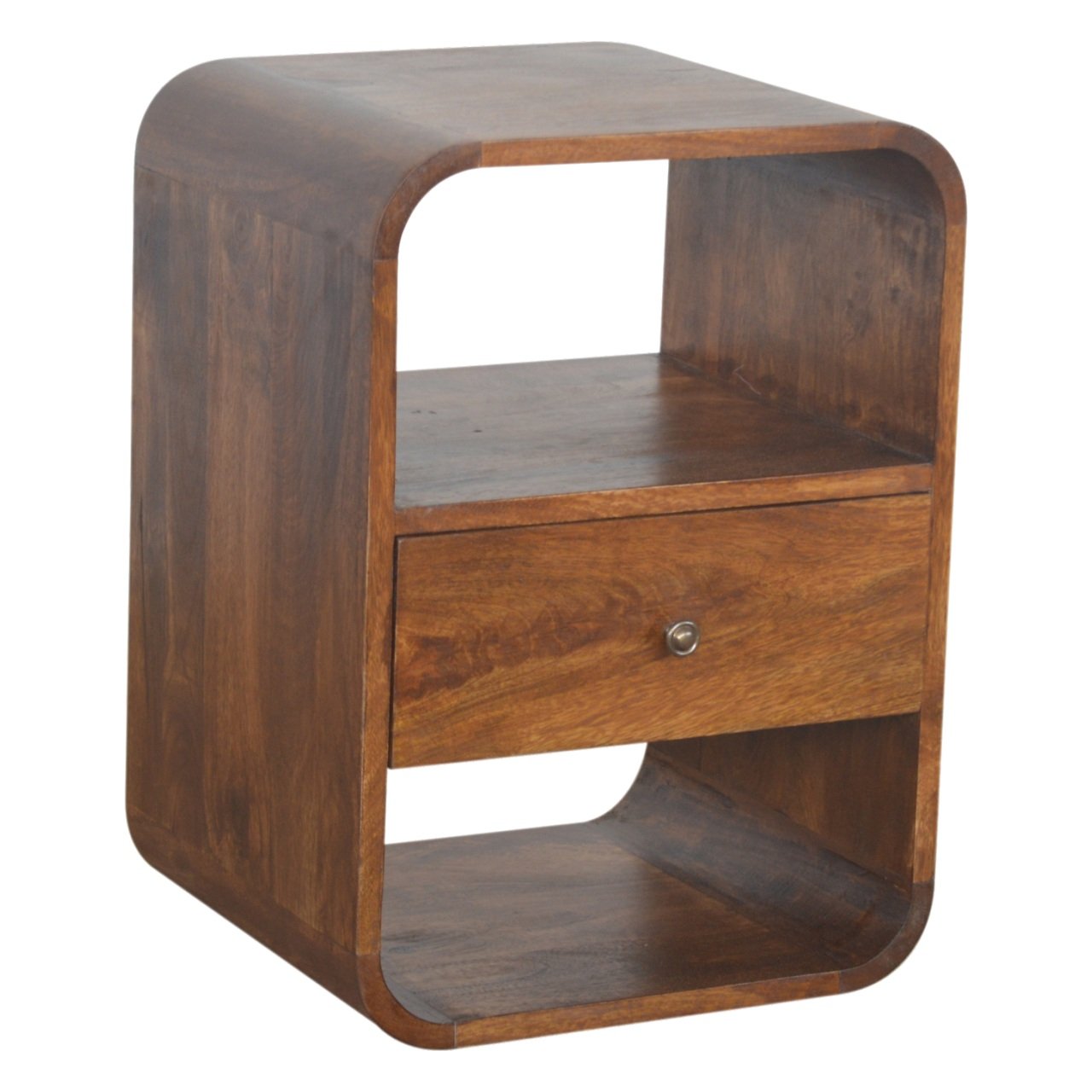 Chestnut Curved Edge Nightstand made from solid mango wood with drawer and two open storage slots.