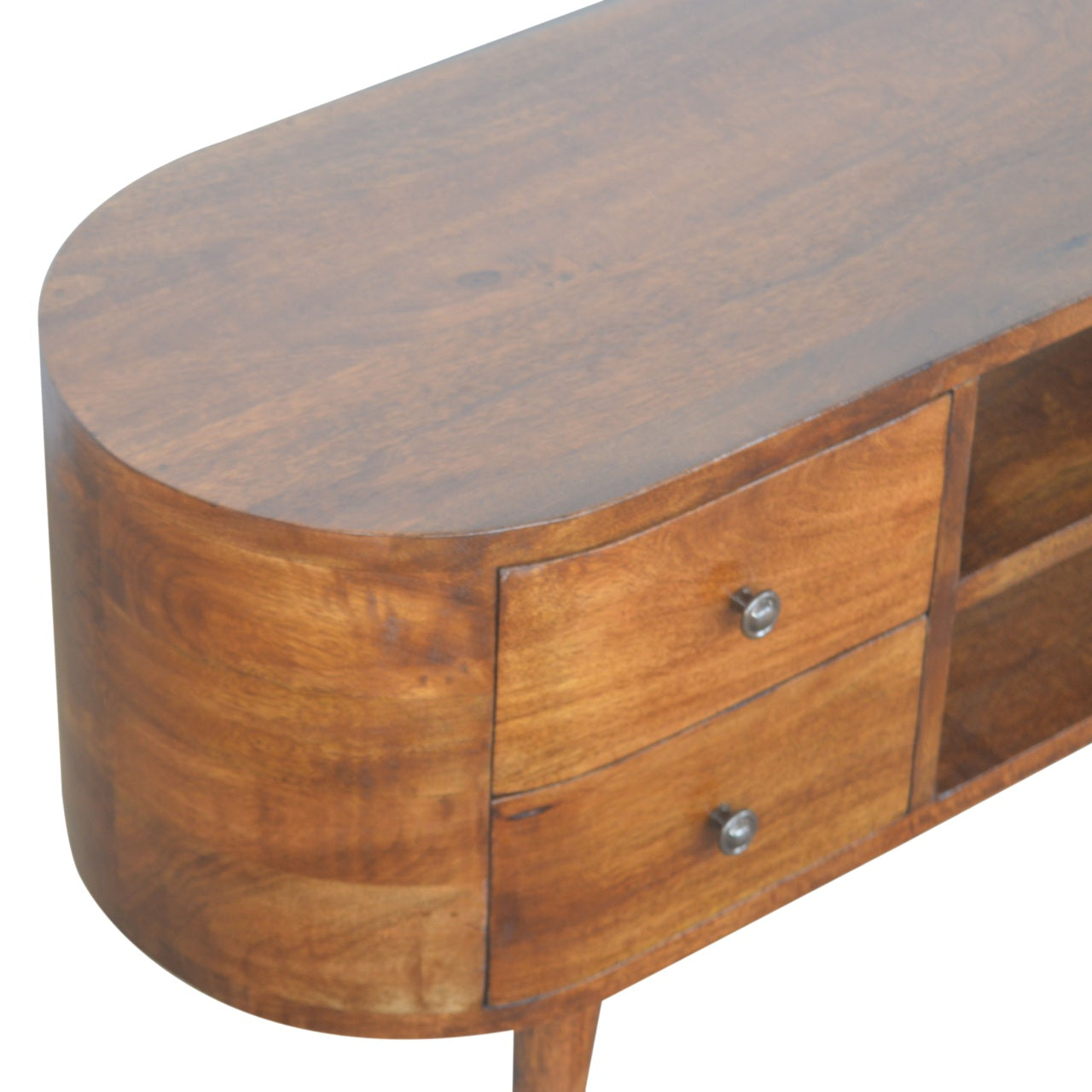 Chestnut Rounded Entertainment Unit made from solid mango wood with 4 drawers and Nordic-style legs. Top view of the unit
