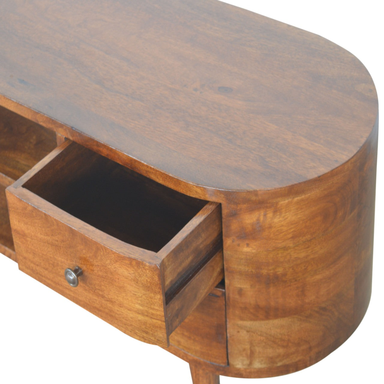 Chestnut Rounded Entertainment Unit made from solid mango wood with 4 drawers and Nordic-style legs. Opened drawer view