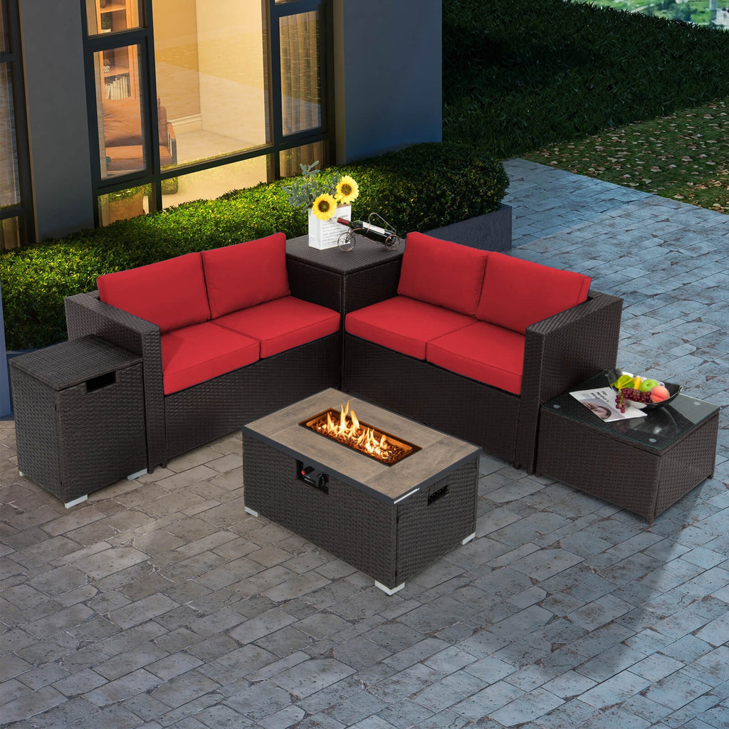 32 Inch x 20 Inch Propane Rattan Fire Pit Table Set with Side Table Tank and Cover-Brown