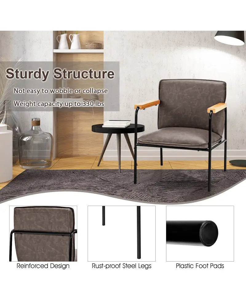 PU Leather Accent Chair with Rubber Wood Armrests-Gray - Gray - Accent Chairs