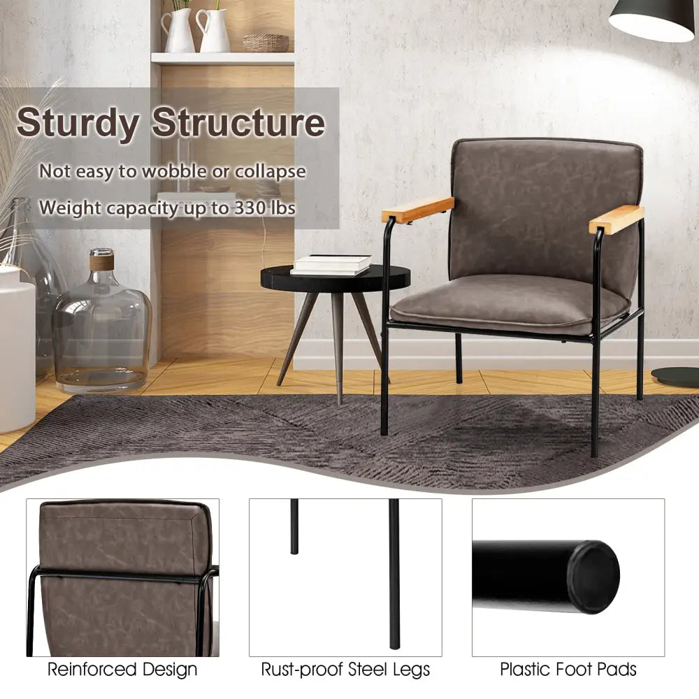 PU Leather Accent Chair with Rubber Wood Armrests-Gray - Gray - Accent Chairs