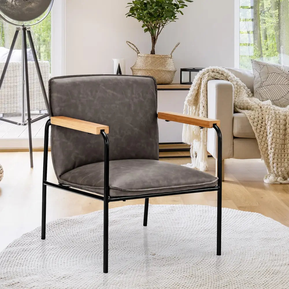 PU Leather Accent Chair with Rubber Wood Armrests-Gray - Gray - Accent Chairs