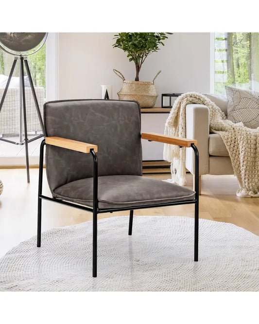 PU Leather Accent Chair with Rubber Wood Armrests-Gray - Gray - Accent Chairs