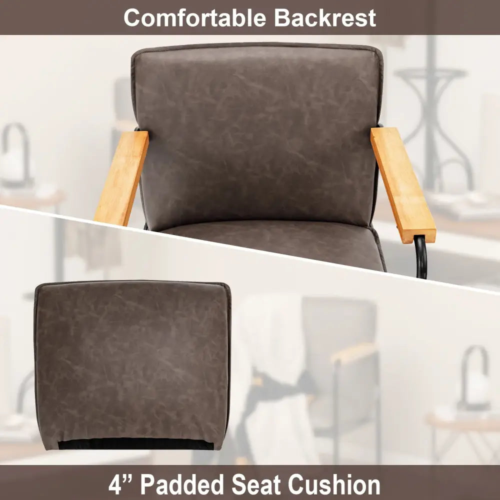 PU Leather Accent Chair with Rubber Wood Armrests-Gray - Gray - Accent Chairs